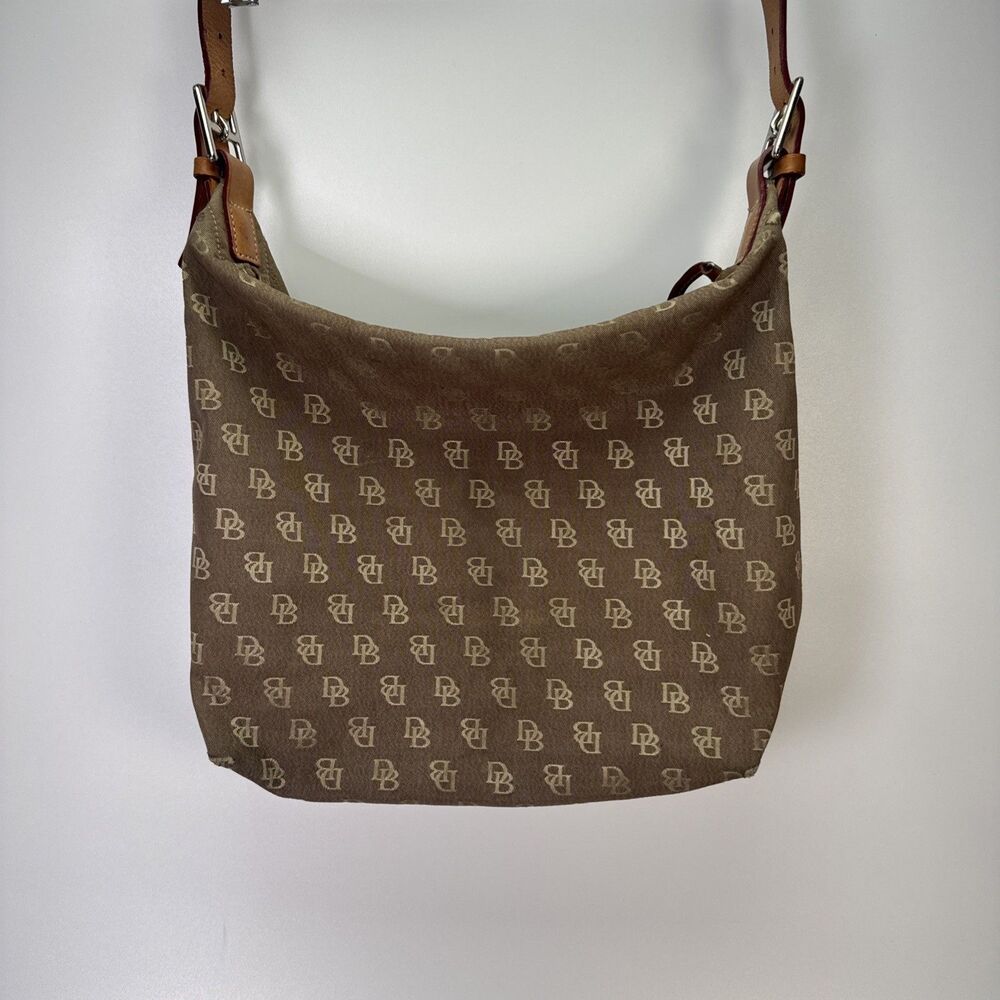 Dooney Bourke Handbag Hobo Bag Purse Brown Tan Monogram Canvas Leather Vintage